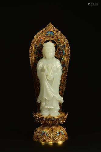 A Chinese Jade Kingfisher craft Guanyin Statue