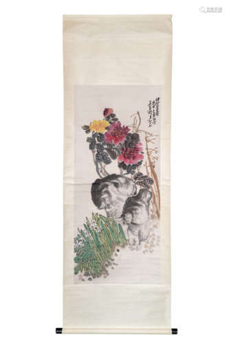 A Chinese Flowers Painting Scroll, Wu Changshuo Mark