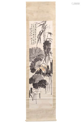 A Chinese Flowers Painting Scroll, Wu Changshuo Mark