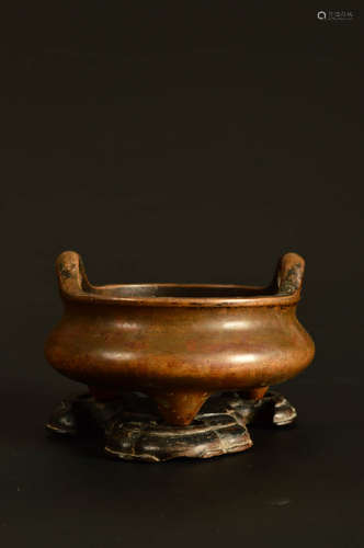 A Chinese Red Bronze Double Ears Incense Burner