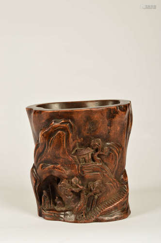 A Chinese Figure Carved Eaglewood Brush Pot