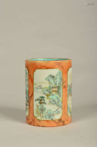 A Chinese Wood Grain Famille Rose Porcelain Brush Pot