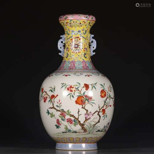 A Chinese Famille Rose Floral Porcelain Double Ears Vase