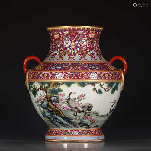 A Chinese Carmine Famille Rose Porcelain Double Ears Vase