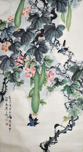 A Chinese Flower&Birds Painting Scroll, Huang Huanwu Mark