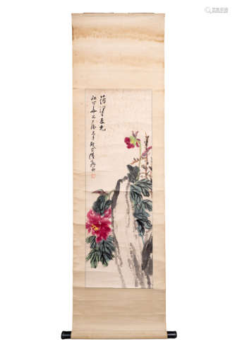 A Chinese Flower Painting Scroll, Lu Yifei Mark