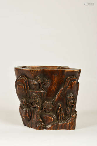 A Chinese Figure Carved Eaglewood Brush Pot