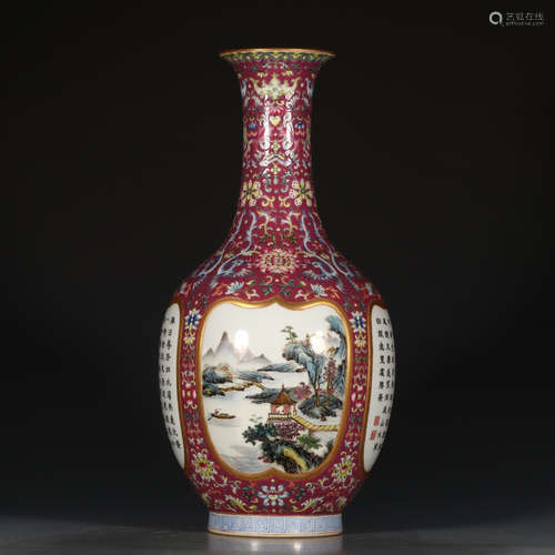 A Chinese Carmine Landscape Painted Inscribed Porcelain Vase