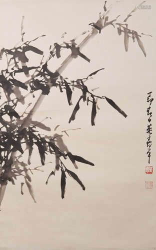 A Chinese Bamboo Ink Painting Scroll, Dong Shouping Mark