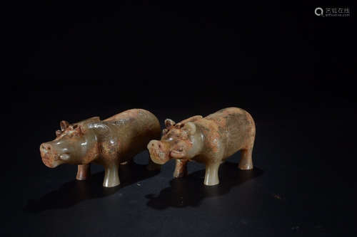 A Pair of Chinese Gaogu Jade Wild boar Ornaments