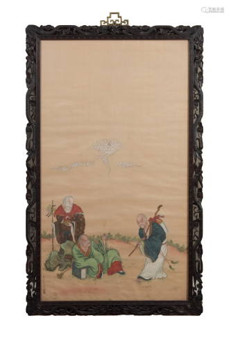 Chinese Painting with 3 Luohan, 19th Cent…