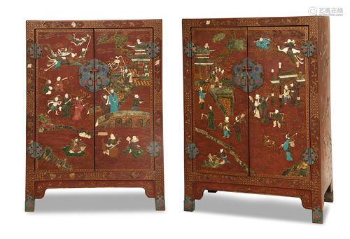 Pair Chinese Lacquer Cabinets with Stones, 16-…