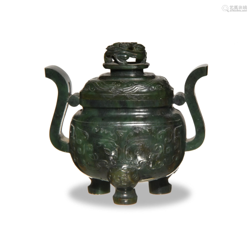 Chinese Spinach Jade Covered Censer, Earl…