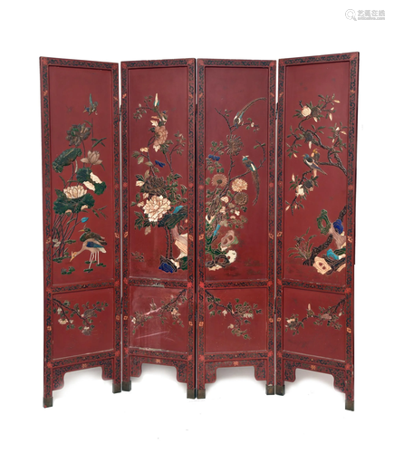 Set of 4 Chinese Lacquer and Stone Panels,…