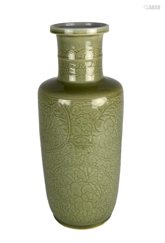 Chinese Carved Celadon Rouleau Vase, Ka…