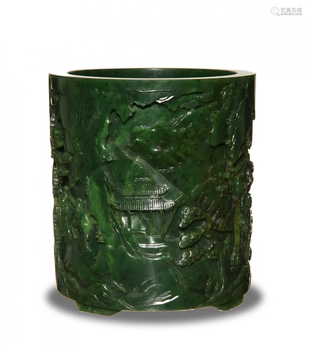 Chinese Spinach Jade Brush Holder, 18th-1…