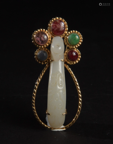 14K Gold Brooch with a White Jade Hook, …