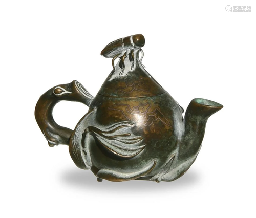 Small Chinese Bronze Peach Teapot, 19th…