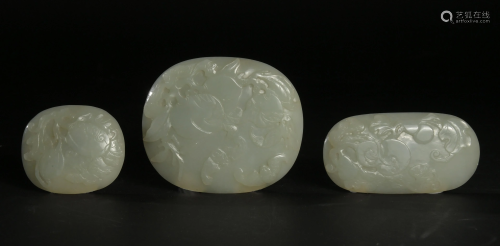 Set of 3 Chinese Jade Plaques with Fruit, 1…