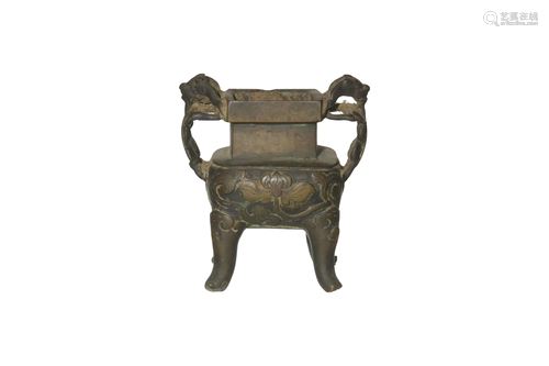 Miniature Chinese Bronze Square Censer, Ming