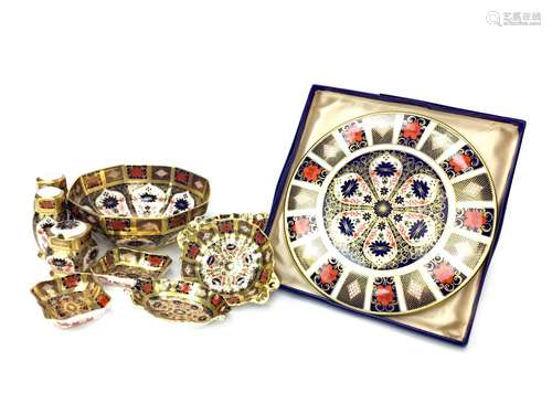 A ROYAL CROWN DERBY OCTAGONAL BOWL, CONDIMENT SET AND OTHER ITEMS