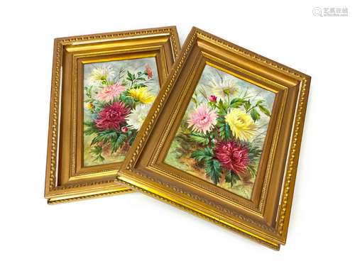 A LOT OF TWO HAND PAINTED CERAMIC PANELS DEPICTING CHRYSANTHEMUMS