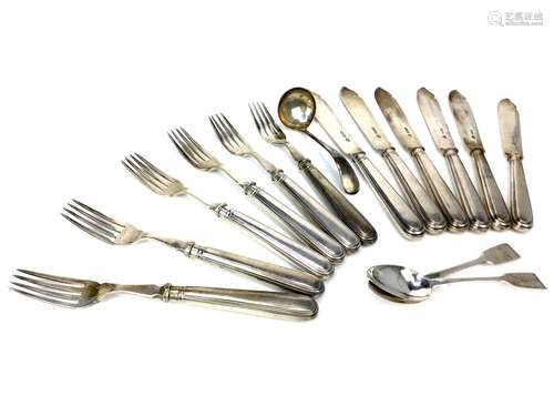 A SET OF SILVER FISH KNIVES AND FORKS, TEASPOONS AND A LADLE