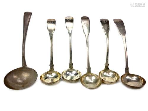 A LOT OF FIVE SILVER TODDY LADLES ALONG WITH A SILVER SAUCE LADLE