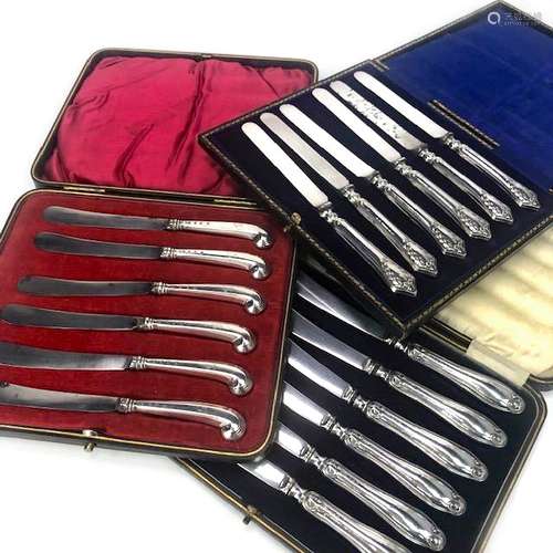 A LOT OF THREE CASED SETS OF SILVER MOUNTED TEA KNIVES