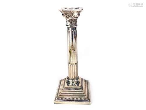 A 20TH CENTURY SILVER CORINTHIAN PILLAR CANDLESTICK