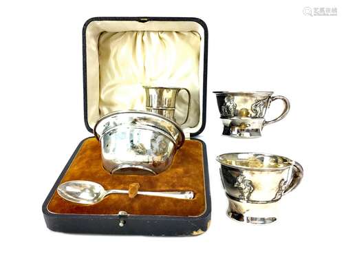 A CASED EARLY 20TH CENTURY PORRINGER SET ALONG WITH THREE SILVER CUPS