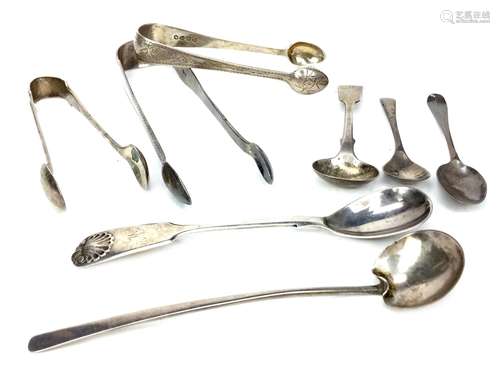 A LOT OF SILVER MUSTARD AND CRUET SPOONS, AND TONGS