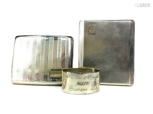 A NAPKIN RING AND TWO SILVER CIGARETTE BOXES