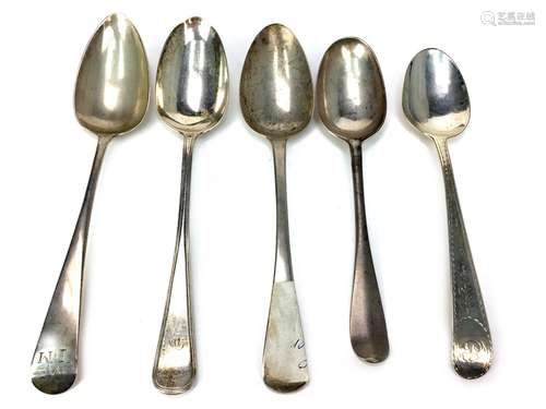 A COMPOSITE SET OF FIVE SILVER TABLE SPOONS