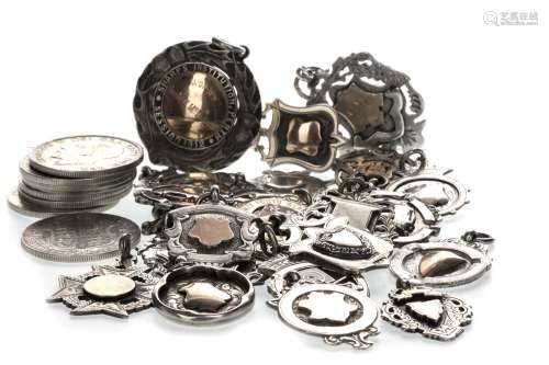 COLLECTION OF FOBS, most marked for silver, along with medals, some with personal inscriptions, 225g