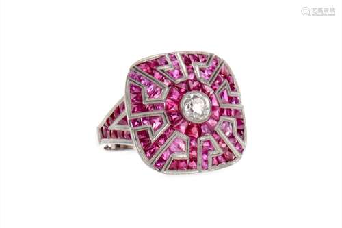 SPINEL, RUBY AND DIAMOND AZTEC RING, the central old cut diamond of approximately 0.45 carats,