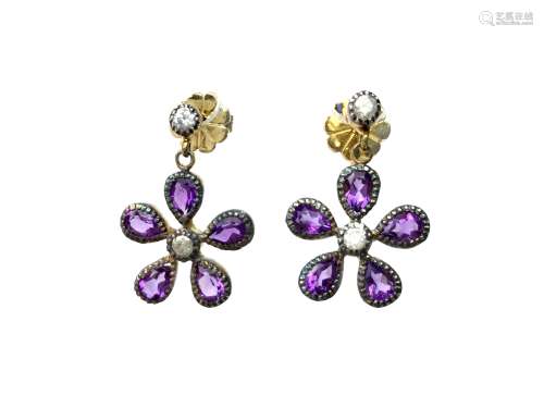 PAIR OF AMETHYST AND DIAMOND EARRINGS, in the form of a flower, each with a central round