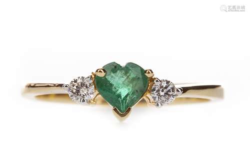 HEART SHAPED EMERALD AND DIAMOND RING, the emerald flanked by two round brilliant cut diamonds