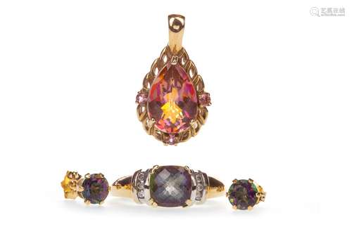 MYSTIC TOPAZ RING, set with a cushion shaped topaz flanked by round brilliant cut diamonds totalling