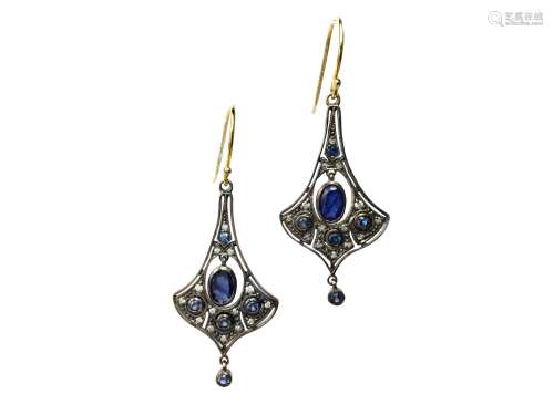 PAIR OF SAPPHIRE AND DIAMOND EARRINGS, set with round and oval sapphires and round brilliant cut