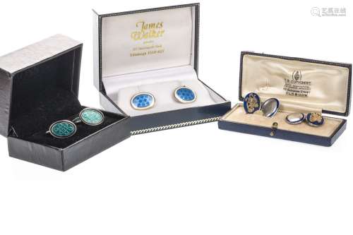 THREE PAIRS OF ENAMELLED CUFFLINKS, each of oval form with enamel decoration, two pairs with full