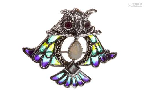 PLIQUE-A-JOUR OWL BROOCH, with central cabochon pear shaped opal surrounded by marcasite stones,