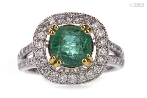 EMERALD AND DIAMOND RING, the cushion shaped emerald of approximately 1.88 carats, within a