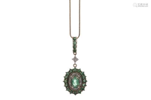 GREEN GEM SET AND DIAMOND PENDANT, set with an oval green gem surrounded by round brilliant cut