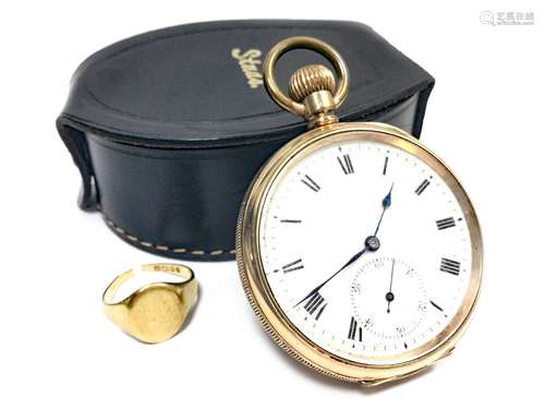 GOLD PLATED OPEN FACE POCKET WATCH, the round white dial with black Roman hour markers, subsidiary