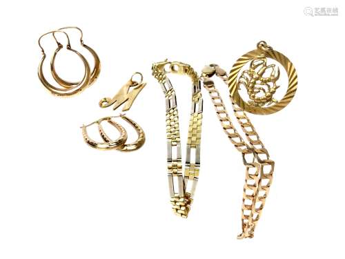 TWO NINE CARAT GOLD BRACELETS, along with two pairs of hoop earrings and two pendants, all marked