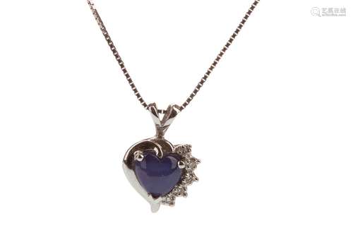 SAPPHIRE SET AND DIAMOND HEART SHAPED PENDANT, the heart shaped sapphire flanked by five round