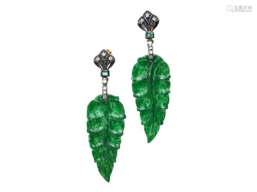 PAIR OF JADE AND DIAMOND EARRINGS, the jade in the form of a leaf suspended from an emerald and
