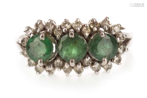 GREEN GEM SET AND DIAMOND CLUSTER RING, the three round green gems bordered by round brilliant cut