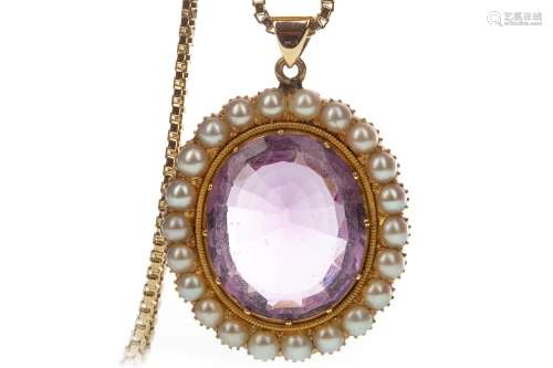 AMETHYST AND PEARL PENDANT, the oval amethyst 19mm long, within a halo of pearls, unmarked, on a box